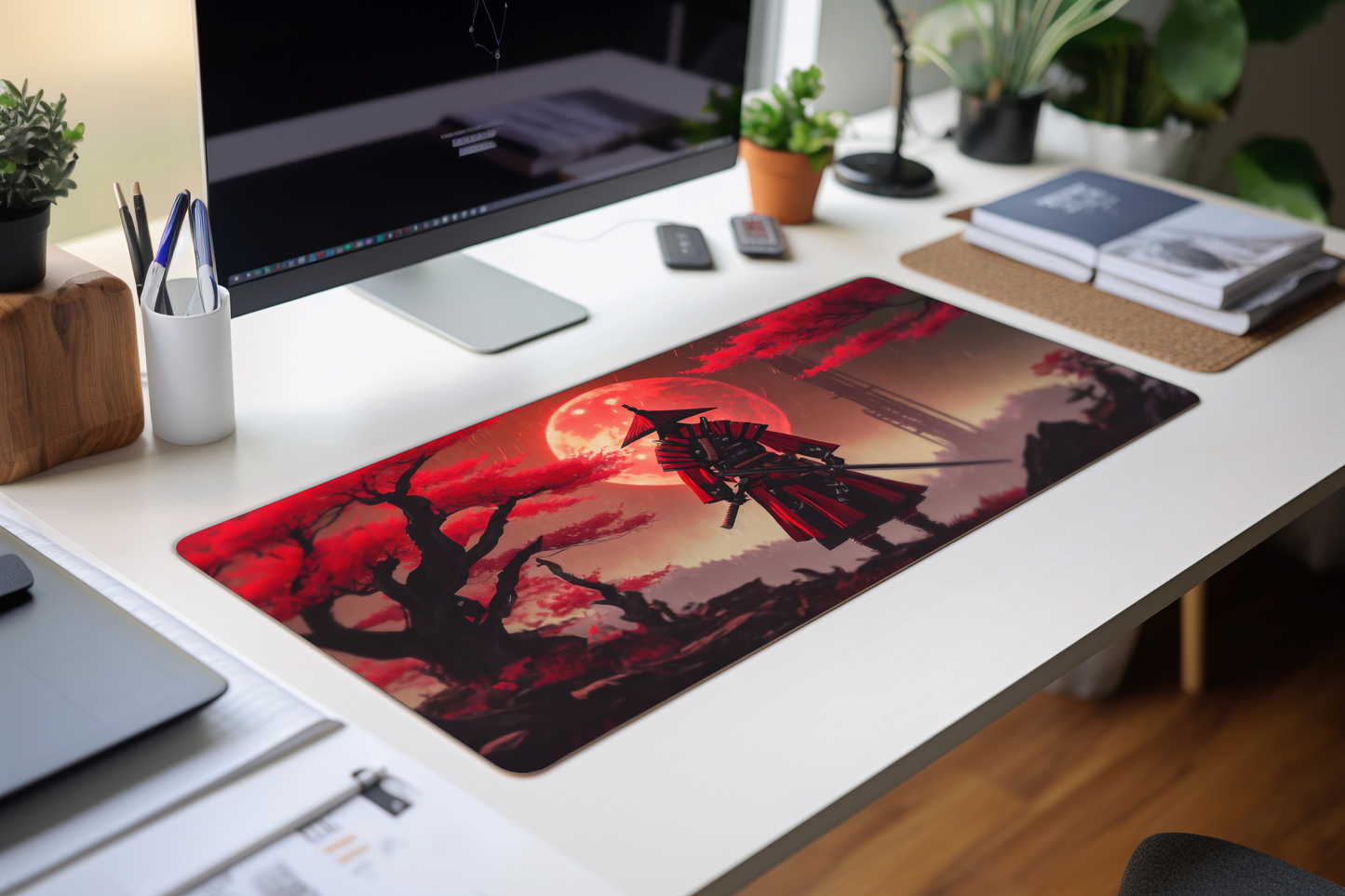 Red Samurai Artisan Mouse Mat Large Gaming Desk Pad Desk Mat Uk