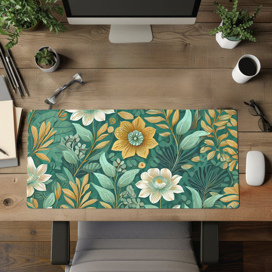 Flower Art Desk Mat - Sage Green Floral and Plant Detailed Design - Ideal Cute Office Decor & Extended,Gift Idea